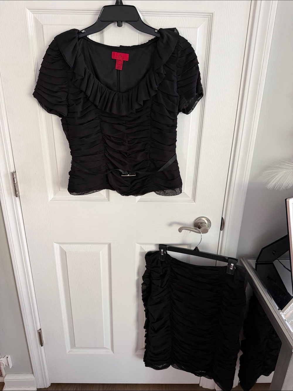 JS Collections Black Ruffled Two-Piece Top and Skirt Set